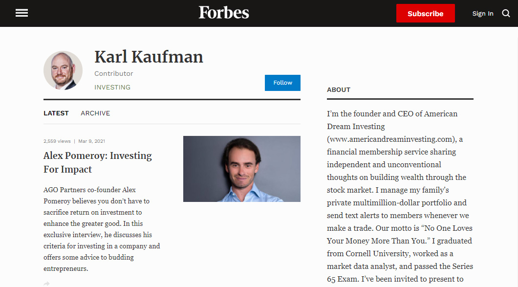 A contributor bio on Forbes.com